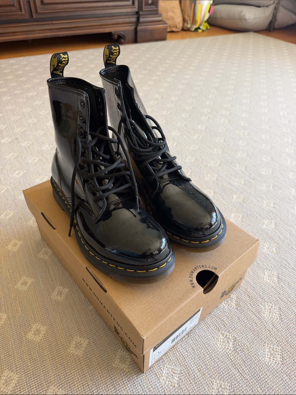 Dr. Martens Black Patent Lace-Up Combat Boots with Yellow Stitching